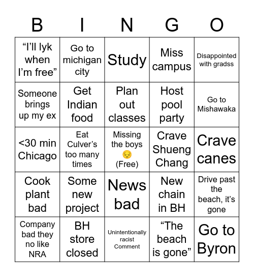 Coming home Bingo Card