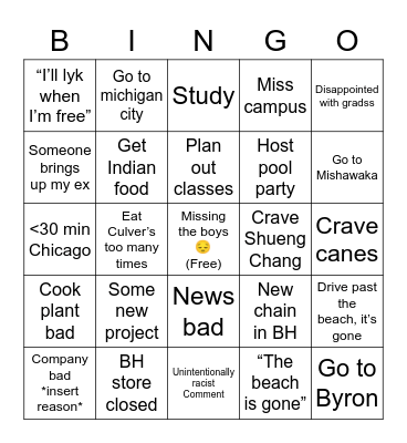 Coming home Bingo Card