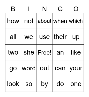 Sight Words Bingo Card