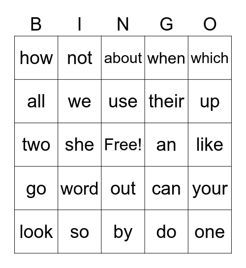 Sight Words Bingo Card