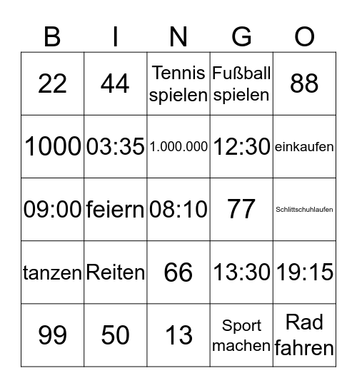 Uhrzeitenhobbyzahlen Bingo Card