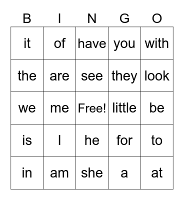 Sight Words Bingo Card