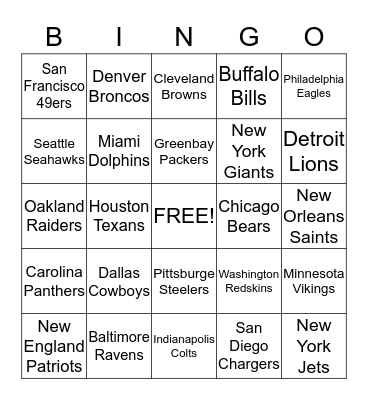 NFL Football Bingo Card