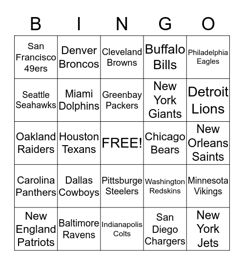 NFL Football Bingo Card