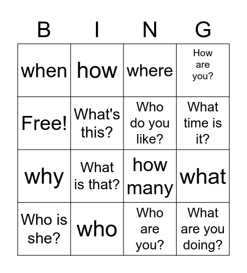 Question Words BINGO 1 Bingo Card
