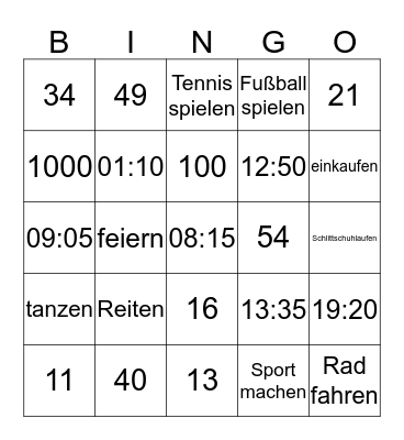 Uhrzeitenhobbyzahlen Bingo Card