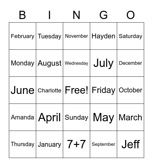 Hayden 8/3/20 Bingo Card