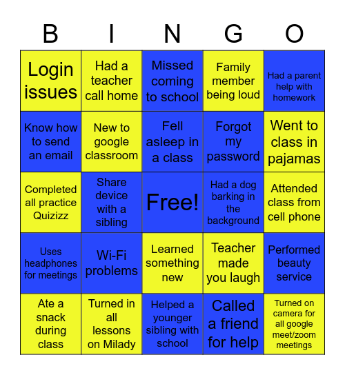 Learning from Home Bingo Card