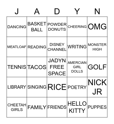 JADYN'S LOVES Bingo Card