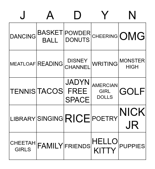 JADYN'S LOVES Bingo Card