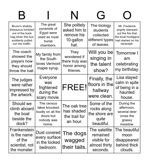 Grammar Bingo Card