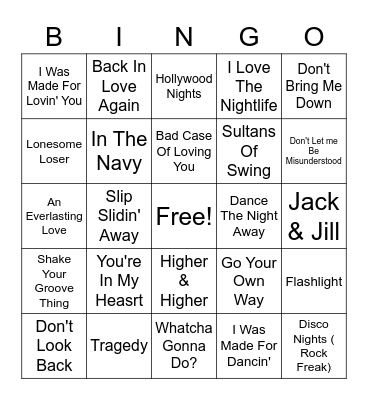 70s Hits Bingo Card