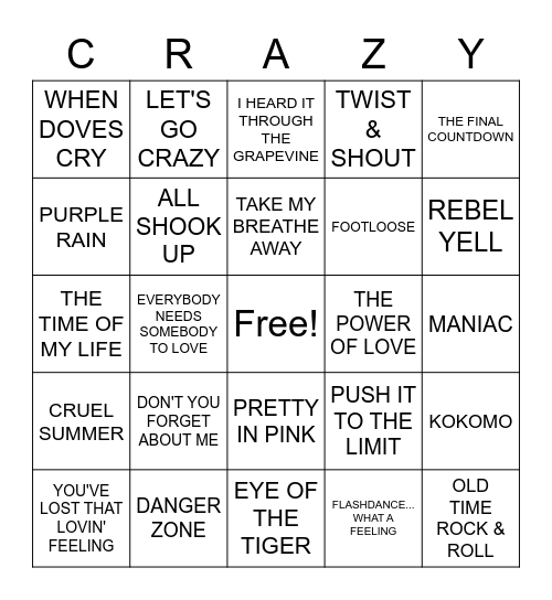 70's/80's Songs? - N Bingo Card