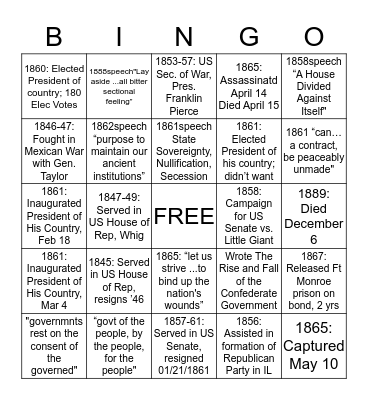 Abraham Lincoln & Jefferson Davis Bingo Card