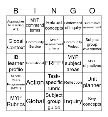 MYP Vocabulary Bingo Card