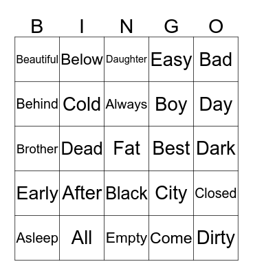 Antonyms - Level 1 Bingo Card