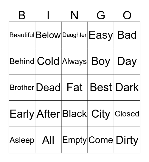 Antonyms - Level 1 Bingo Card