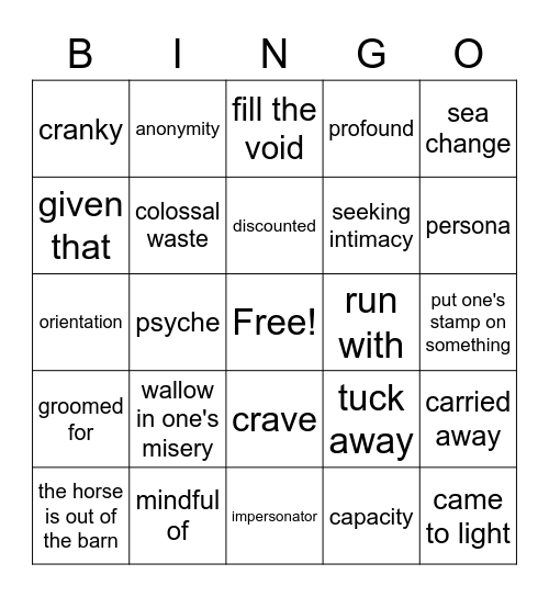 Vocabulary Review Bingo Card
