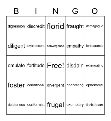 Vocabulary Bingo Card