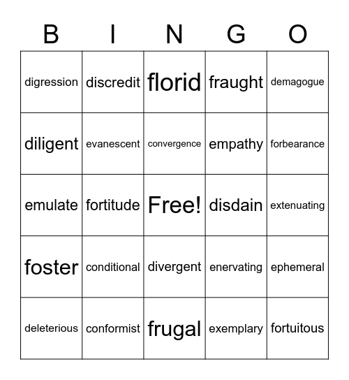 Vocabulary Bingo Card
