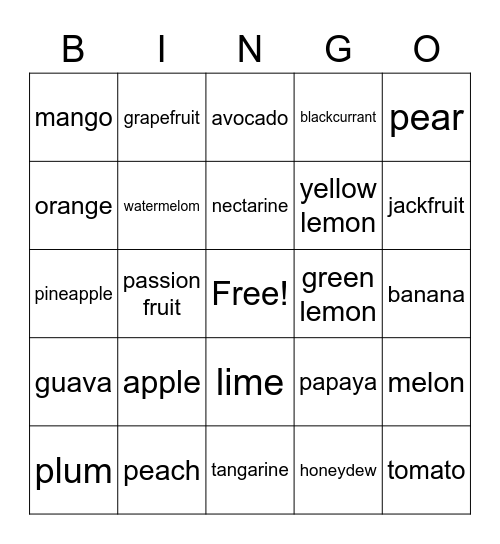 Fruits Bingo Card