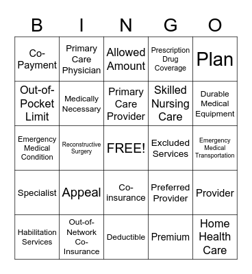 Health Coverage Terms  Bingo Card