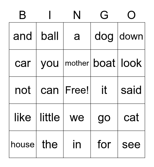 Sight Words Bingo Card