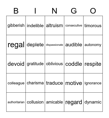 Vocabulary Bingo Card