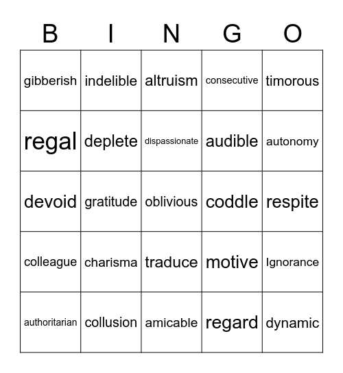 Vocabulary Bingo Card