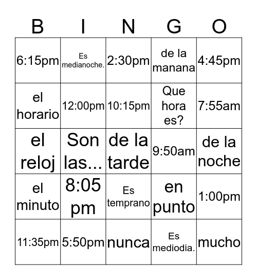TIME EXPRESSIONS Bingo Card