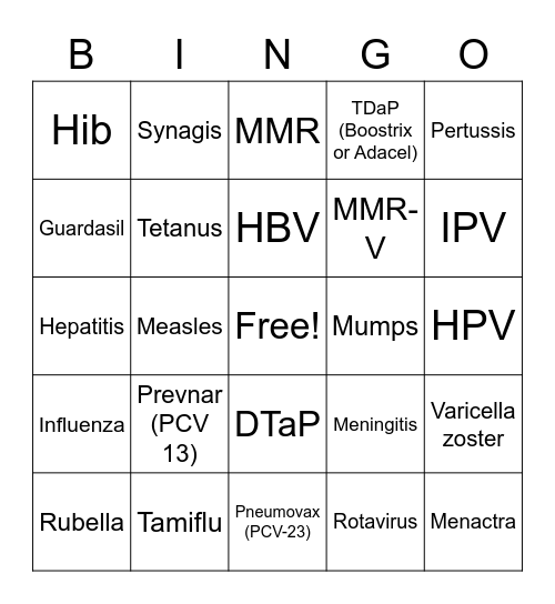 Immunization Bingo  Bingo Card