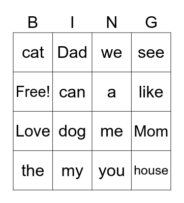 Sight Words Bingo Card