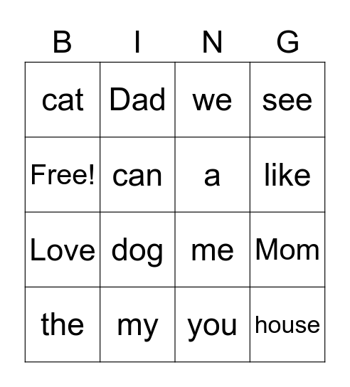 Sight Words Bingo Card