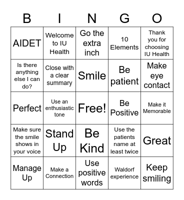 Patient Experience Bingo Card