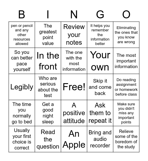 Classroom Habits Bingo Card