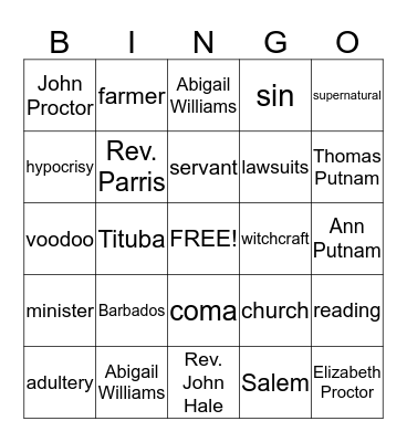 Crucible Intro Bingo Card