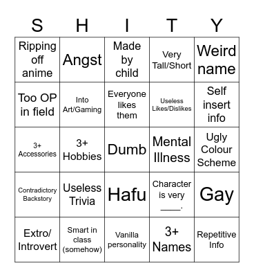 SHITY Bingo Card