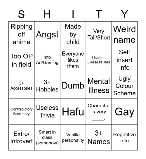 SHITY Bingo Card