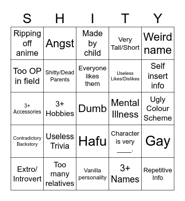 SHITY Bingo Card