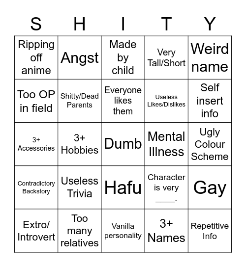 SHITY Bingo Card