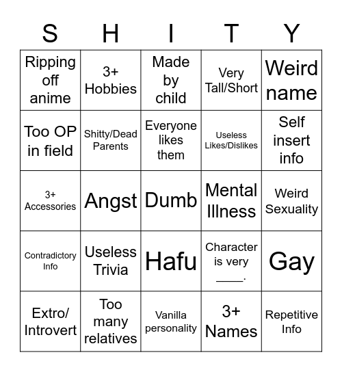 SHITY Bingo Card