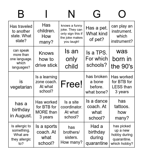 BTB BINGO Card