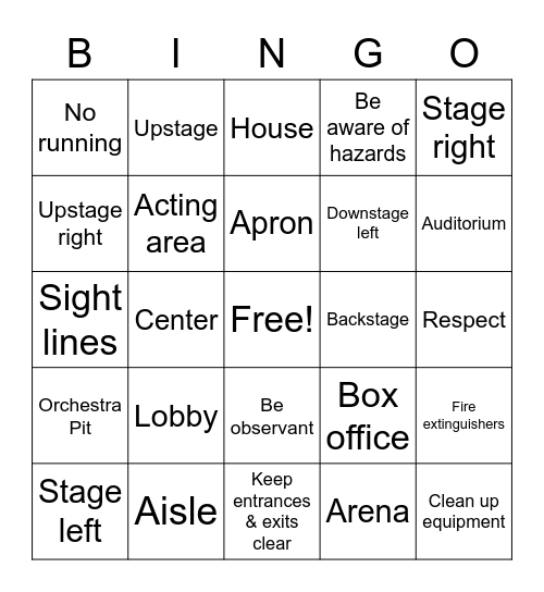 Theatre Stage & Safety Bingo Card