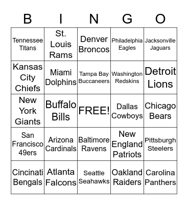 NFL FOOTBALL BINGO Card