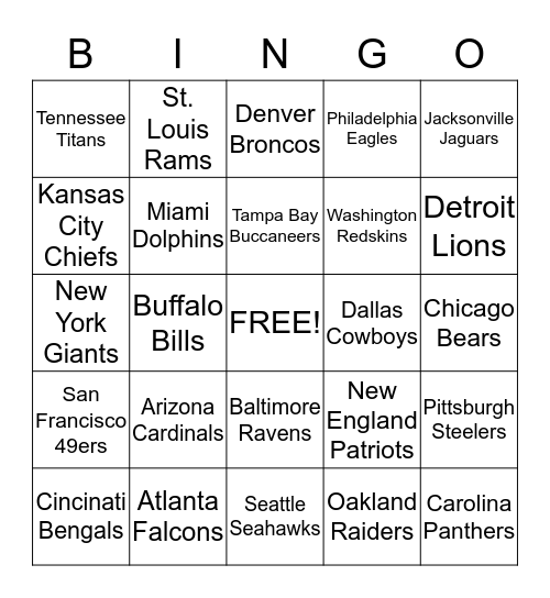 NFL FOOTBALL BINGO Card