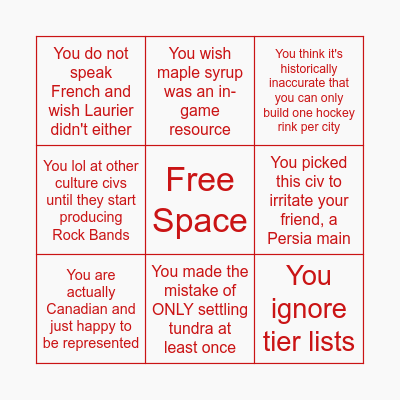 Canada Main Bingo Card