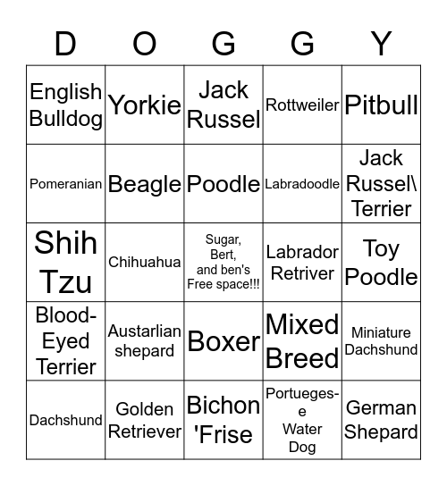 Dog breed Bingo Card