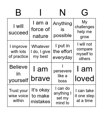 Positive Affirmations Bingo Card