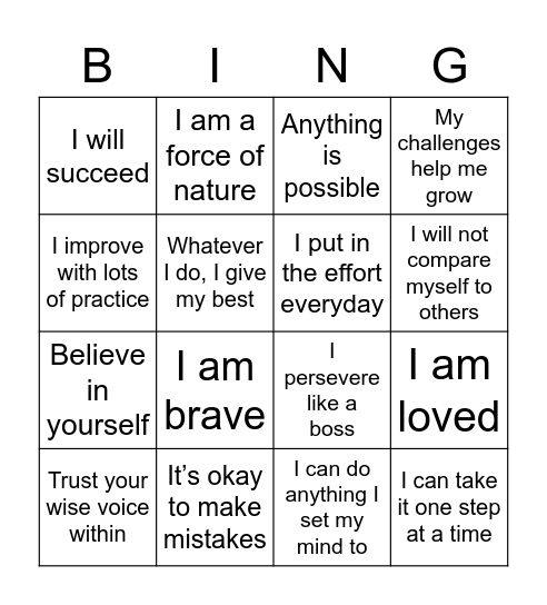 Positive Affirmations Bingo Card