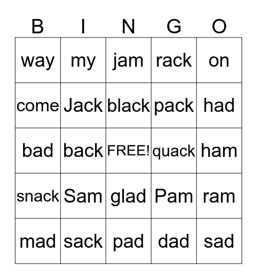 Word Families:  _ack, -am, -ad and sight words Bingo Card